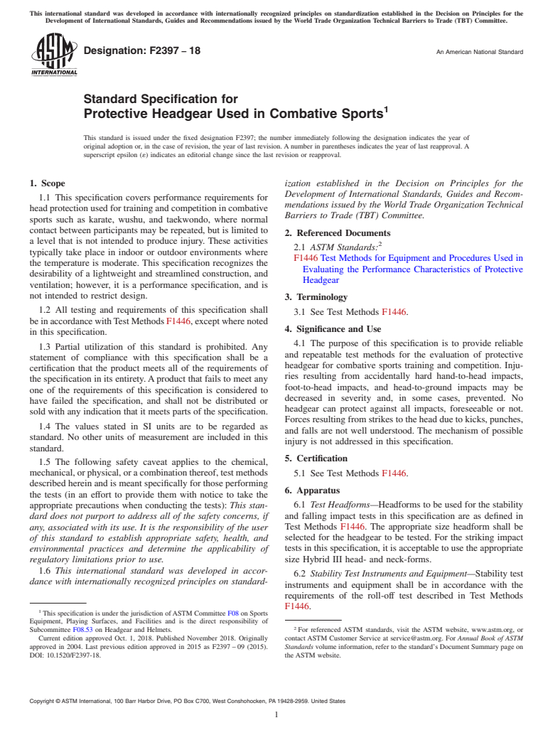 ASTM F2397-18 - Standard Specification for Protective Headgear Used in Combative Sports