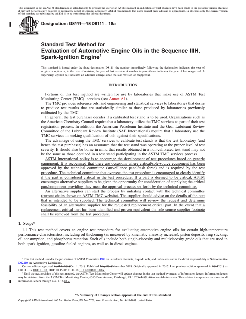 REDLINE ASTM D8111-18a - Standard Test Method for Evaluation of Automotive Engine Oils in the Sequence IIIH,  Spark-Ignition Engine