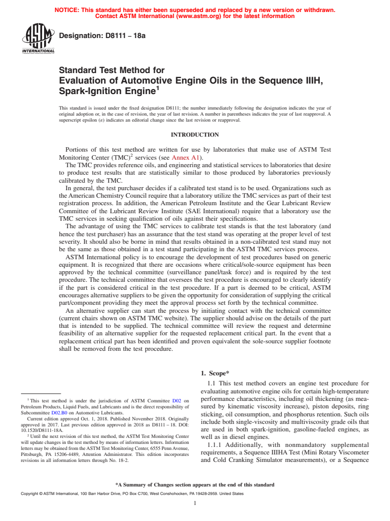 ASTM D8111-18a - Standard Test Method for Evaluation of Automotive Engine Oils in the Sequence IIIH,  Spark-Ignition Engine