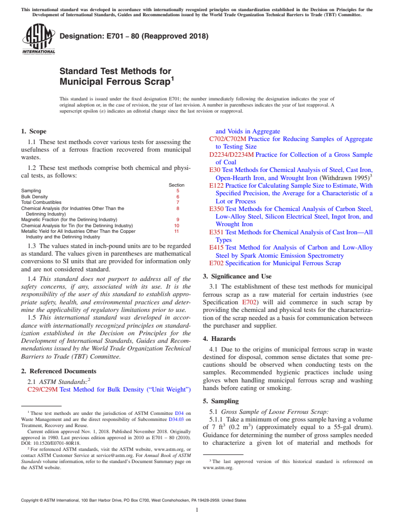 ASTM E701-80(2018) - Standard Test Methods for  Municipal Ferrous Scrap