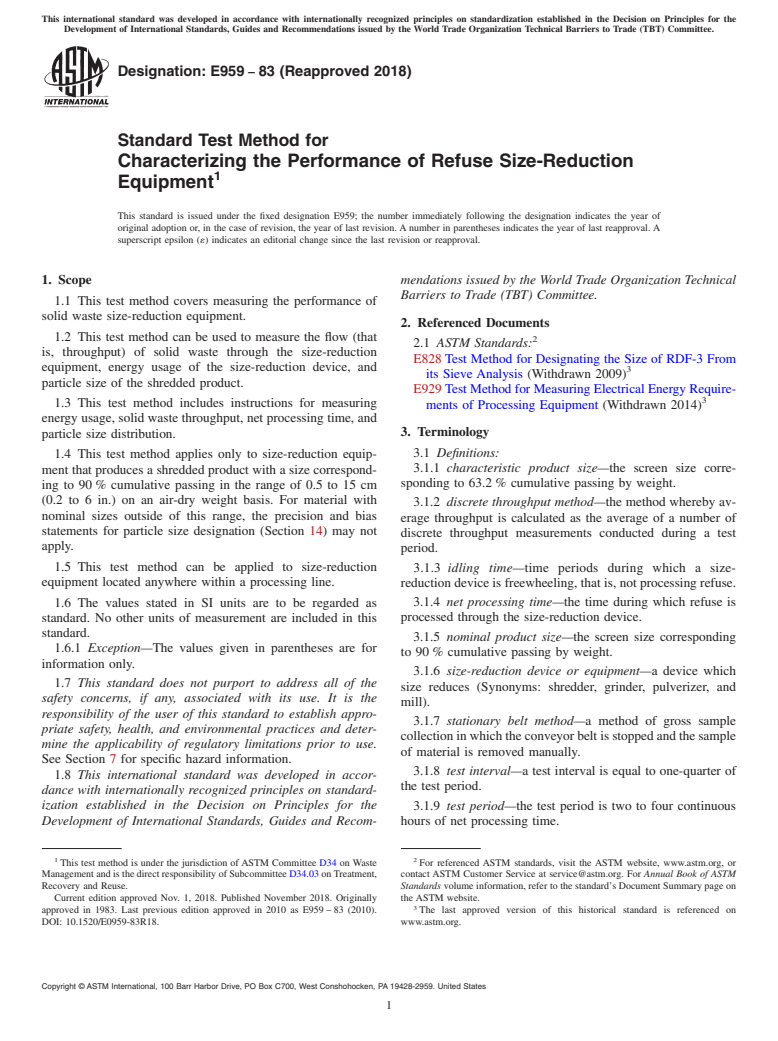 ASTM E959-83(2018) - Standard Test Method for  Characterizing the Performance of Refuse Size-Reduction Equipment