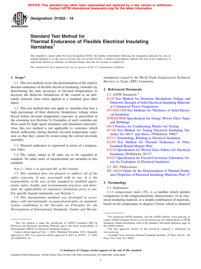 ASTM D1932-18 - Standard Test Method for  Thermal Endurance of Flexible Electrical Insulating Varnishes