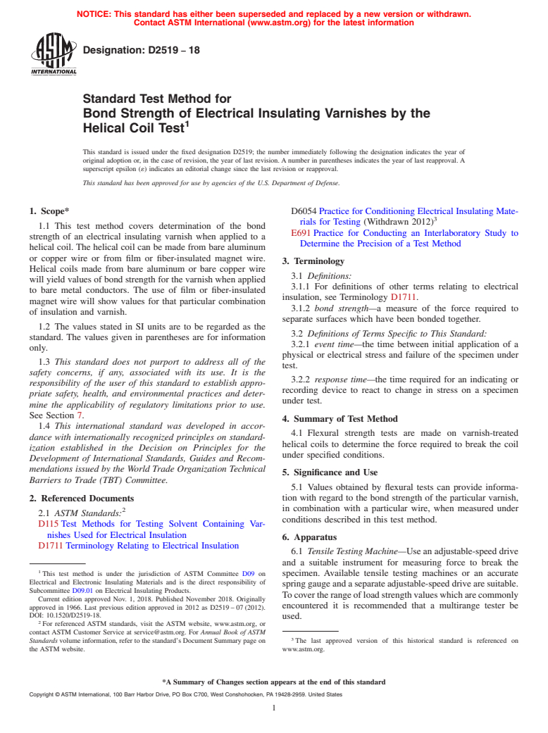 ASTM D2519-18 - Standard Test Method for  Bond Strength of Electrical Insulating Varnishes by the Helical   Coil Test