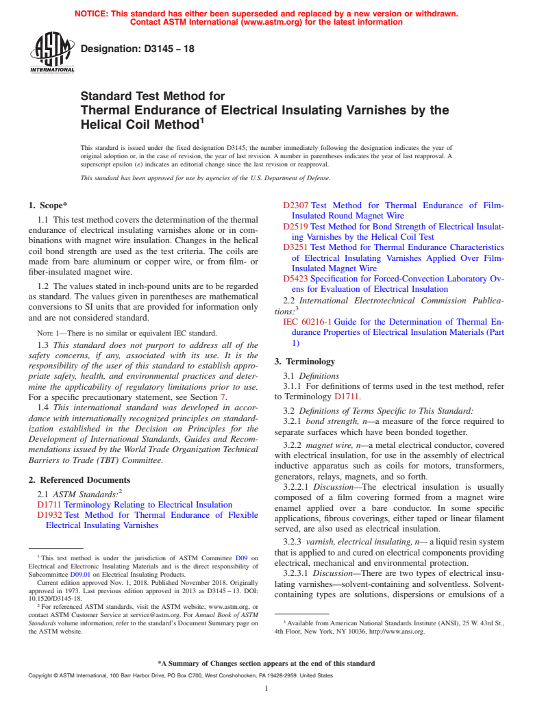 ASTM D3145-18 - Standard Test Method for  Thermal Endurance of Electrical Insulating Varnishes by the   Helical Coil Method