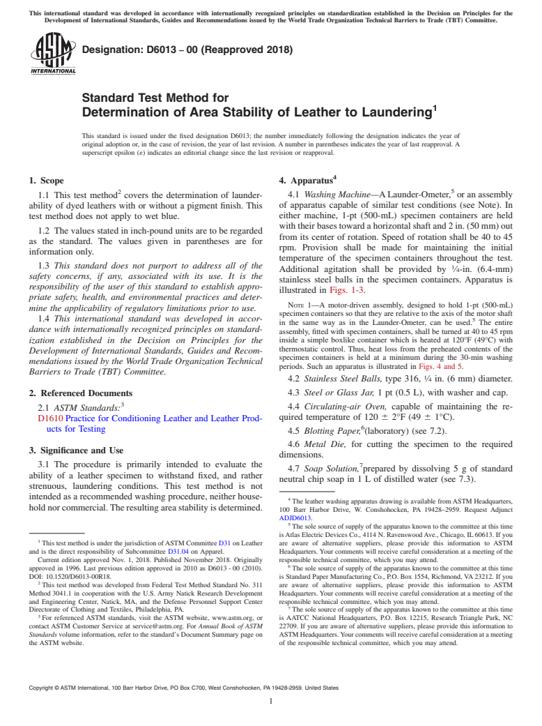 ASTM D6013-00(2018) - Standard Test Method for  Determination of Area Stability of Leather to Laundering