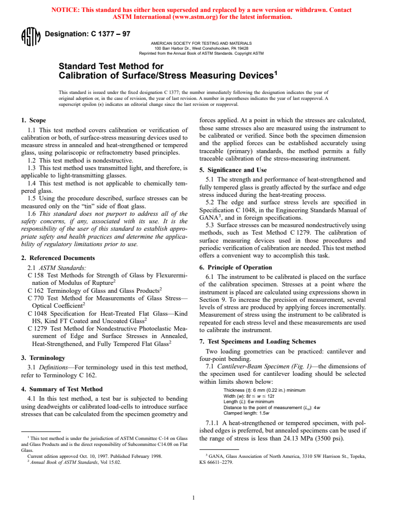 ASTM C1377-97 - Standard Test Method for Calibration of Surface/Stress Measuring Devices