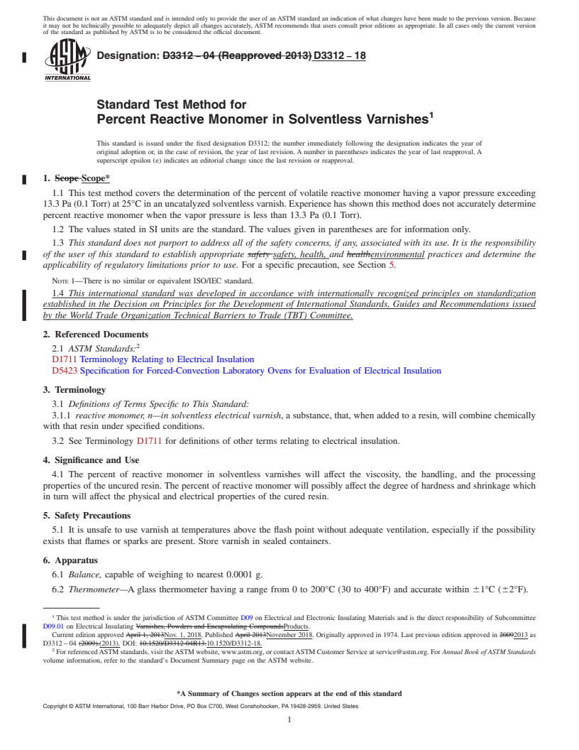 REDLINE ASTM D3312-18 - Standard Test Method for  Percent Reactive Monomer in Solventless Varnishes