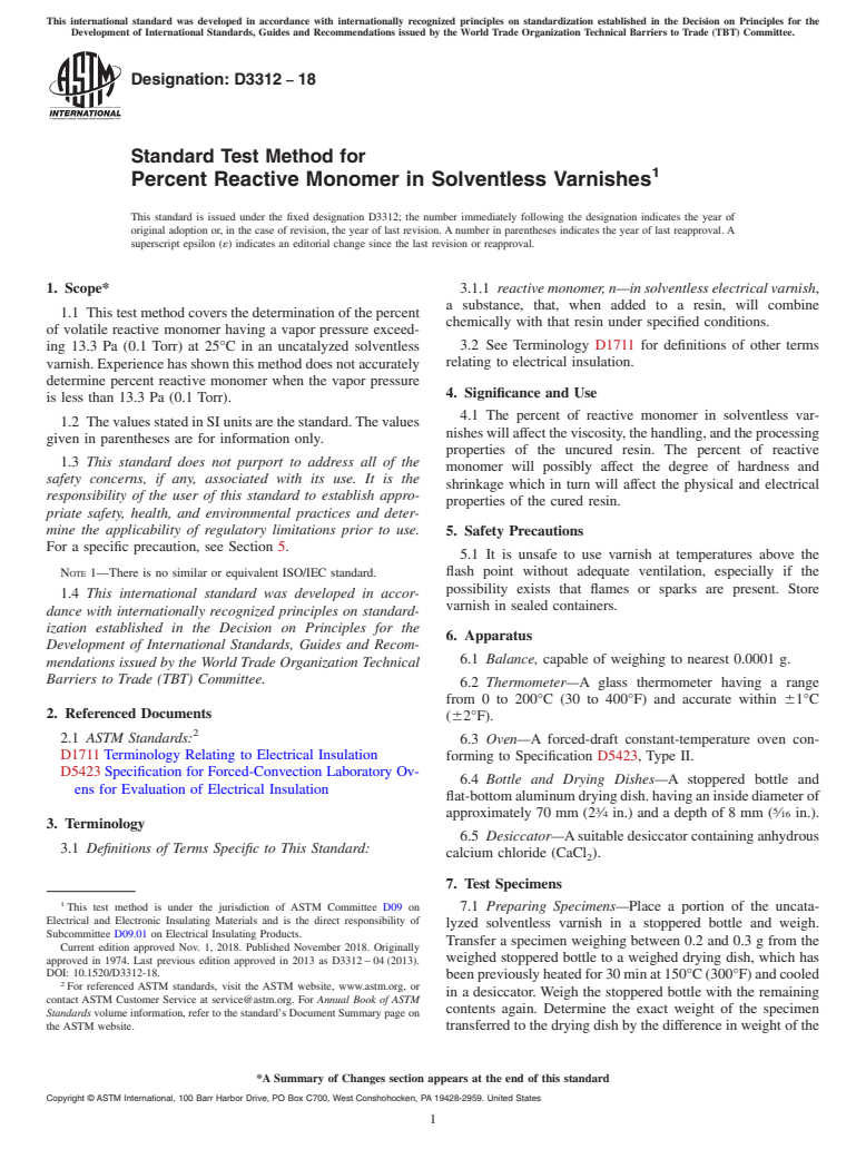 ASTM D3312-18 - Standard Test Method for  Percent Reactive Monomer in Solventless Varnishes