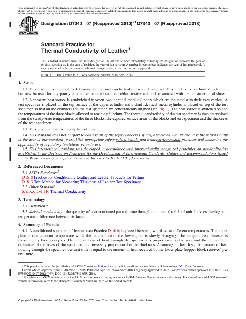 REDLINE ASTM D7340-07(2018) - Standard Practice for  Thermal Conductivity of Leather