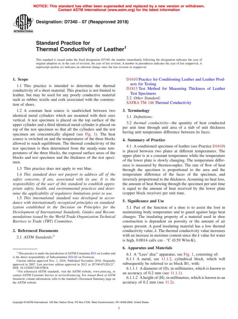 ASTM D7340-07(2018) - Standard Practice for  Thermal Conductivity of Leather