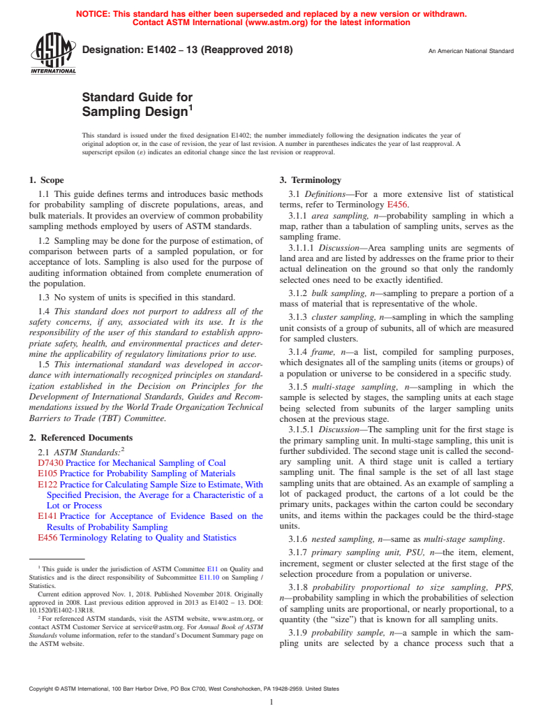 ASTM E1402-13(2018) - Standard Guide for  Sampling Design