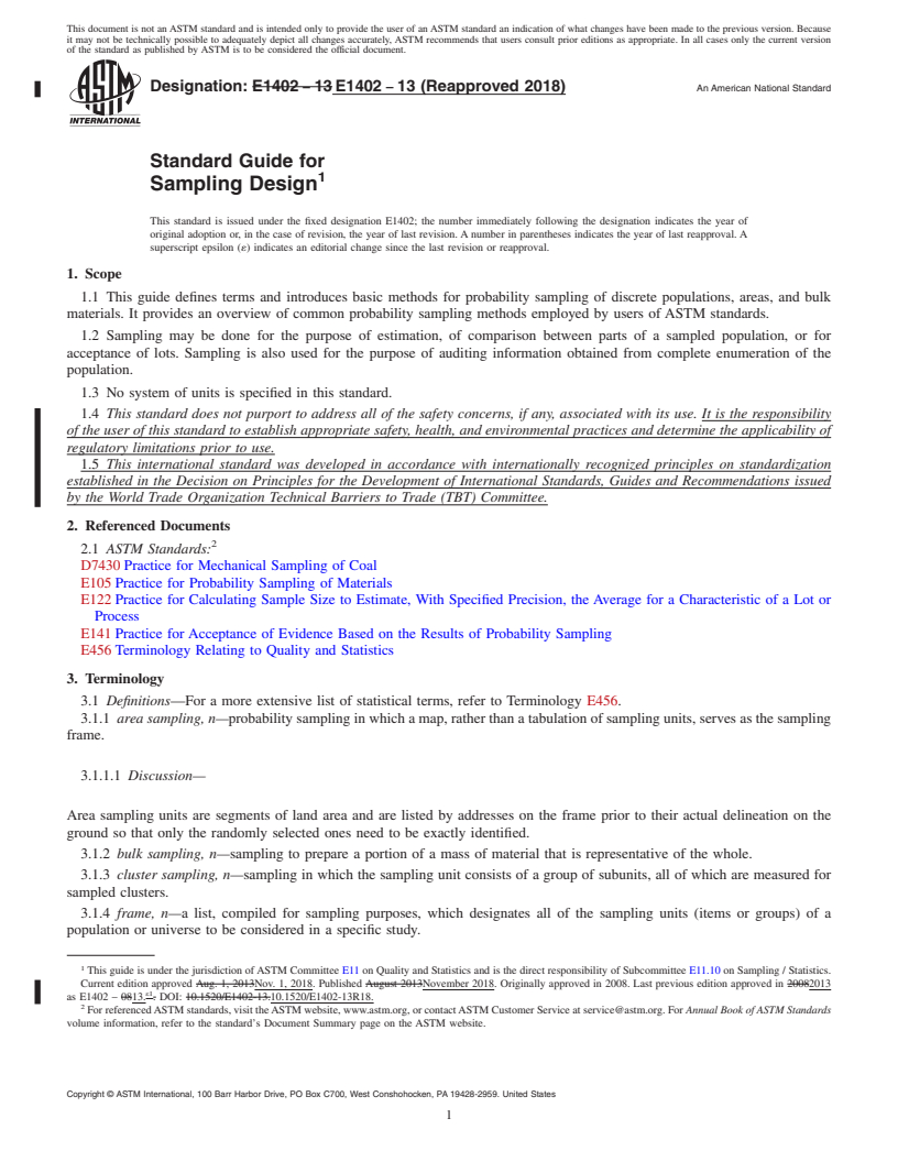 REDLINE ASTM E1402-13(2018) - Standard Guide for  Sampling Design