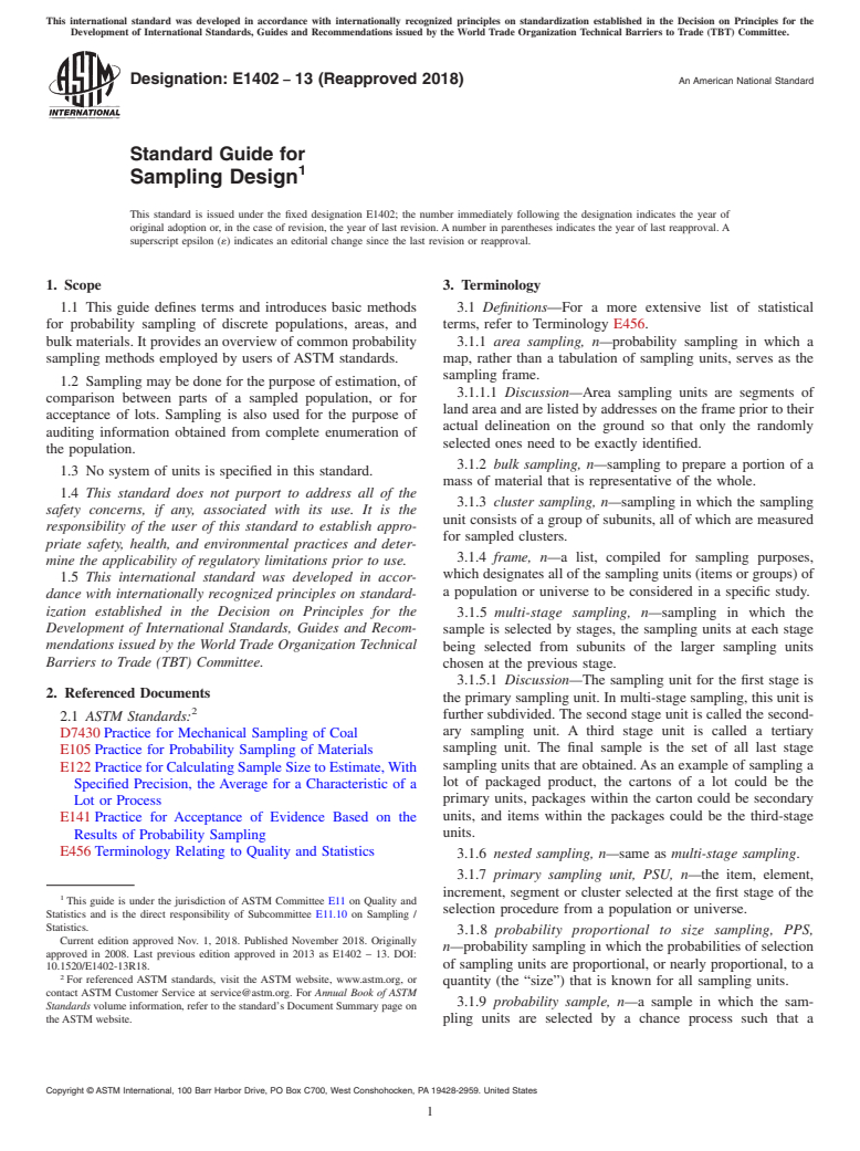 ASTM E1402-13(2018) - Standard Guide for  Sampling Design