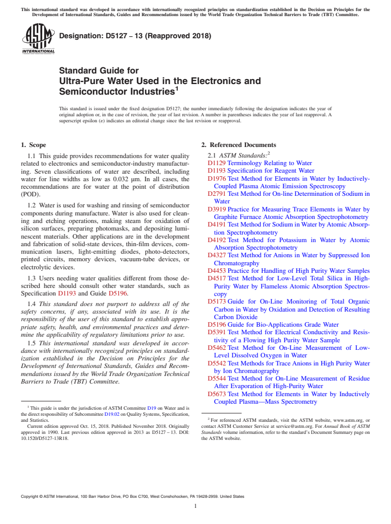 ASTM D5127-13(2018) - Standard Guide for  Ultra-Pure Water Used in the Electronics and Semiconductor  Industries