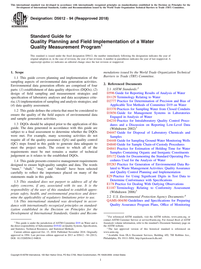 ASTM D5612-94(2018) - Standard Guide for  Quality Planning and Field Implementation of a Water Quality  Measurement Program