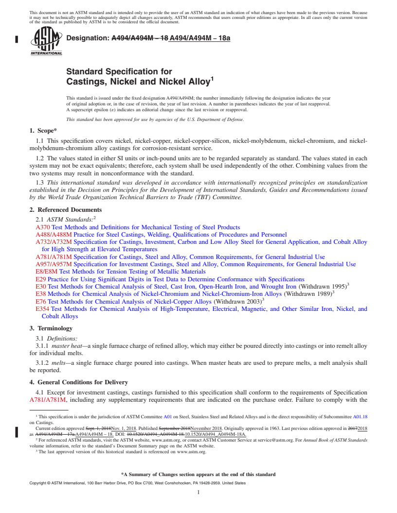 REDLINE ASTM A494/A494M-18a - Standard Specification for  Castings, Nickel and Nickel Alloy