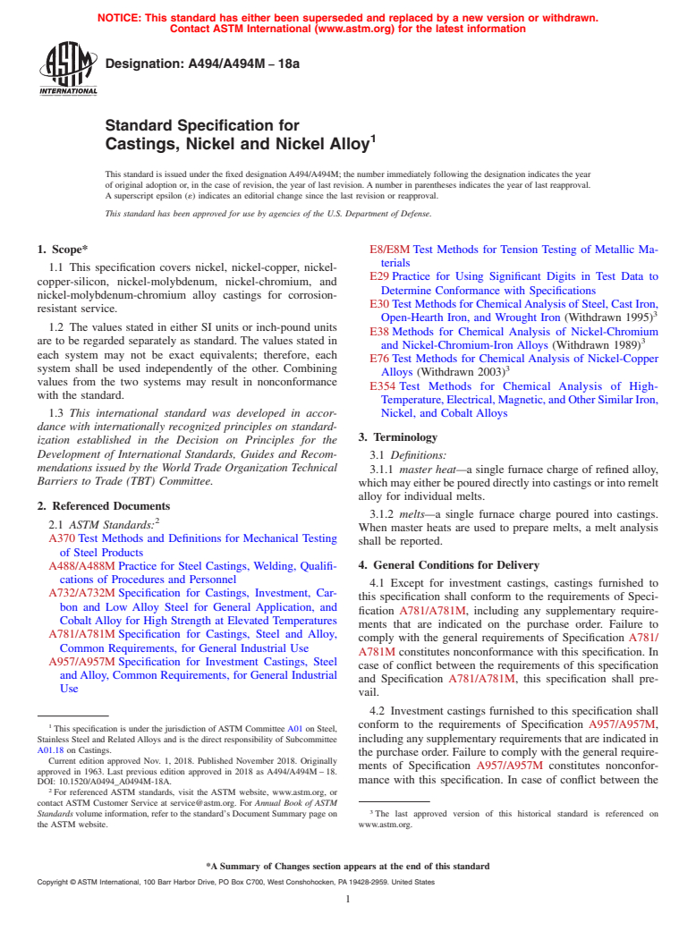 ASTM A494/A494M-18a - Standard Specification for  Castings, Nickel and Nickel Alloy