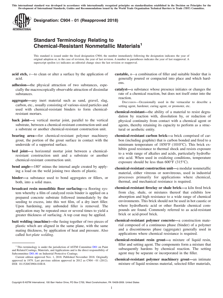 ASTM C904-01(2018) - Standard Terminology Relating to Chemical-Resistant Nonmetallic Materials