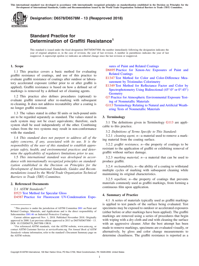 ASTM D6578/D6578M-13(2018) - Standard Practice for Determination of Graffiti Resistance