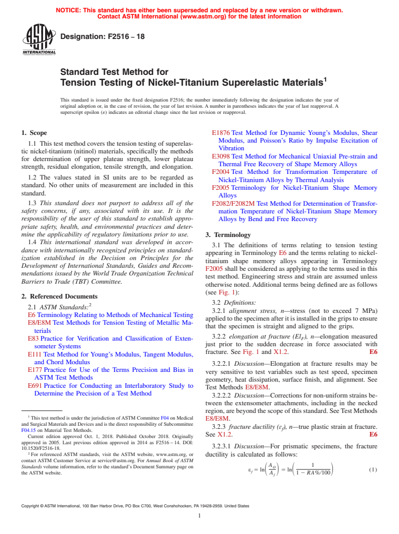 ASTM F2516-18 - Standard Test Method for  Tension Testing of Nickel-Titanium Superelastic Materials