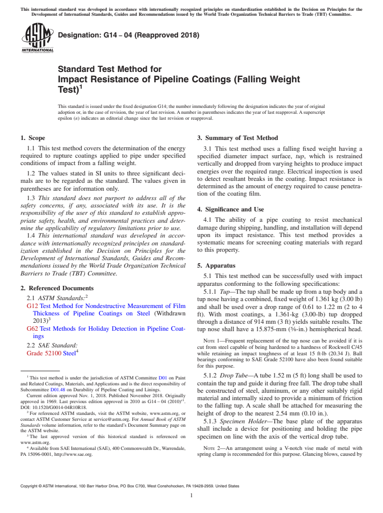 ASTM G14-04(2018) - Standard Test Method for Impact Resistance of Pipeline Coatings (Falling Weight Test)