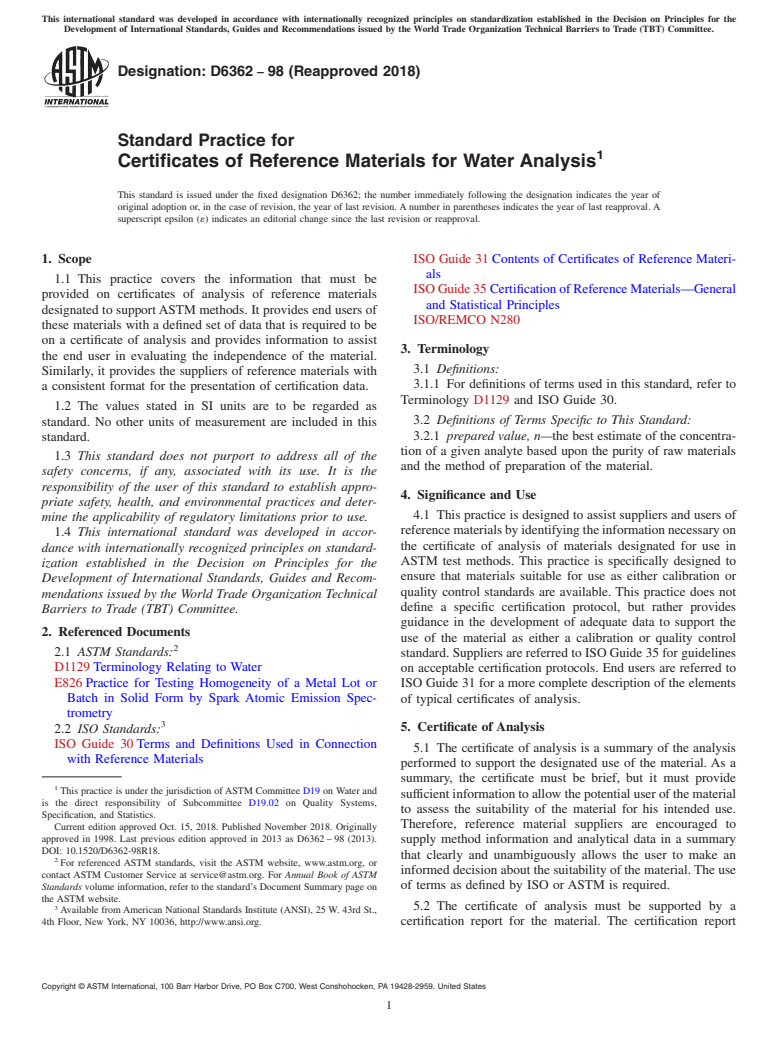 ASTM D6362-98(2018) - Standard Practice for  Certificates of Reference Materials for Water Analysis