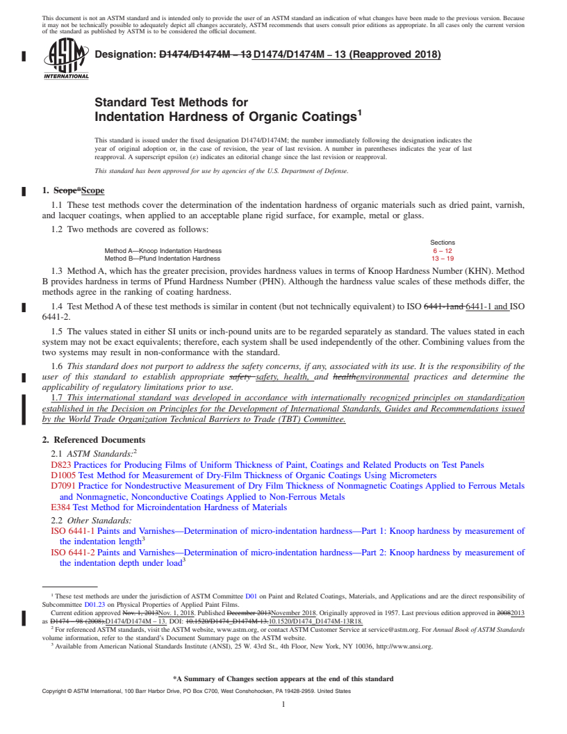REDLINE ASTM D1474/D1474M-13(2018) - Standard Test Methods for Indentation Hardness of Organic Coatings