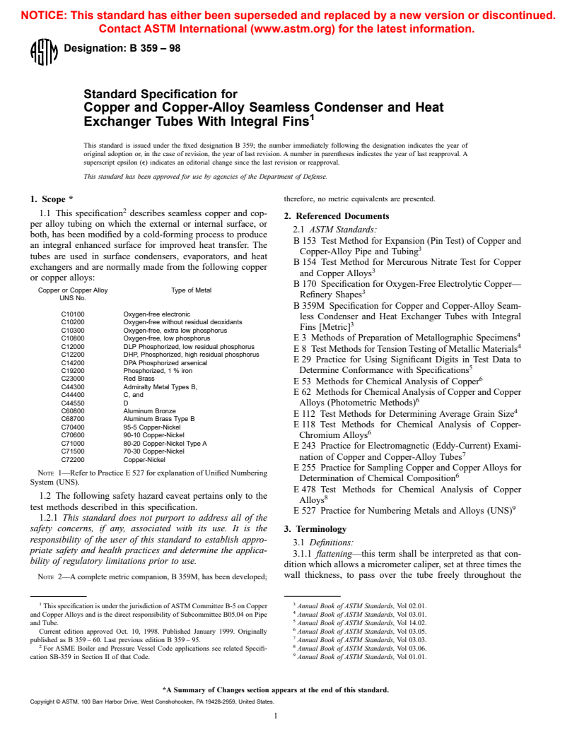 ASTM B359-98 - Standard Specification for Copper and Copper-Alloy Seamless Condenser and Heat Exchanger Tubes With Integral Fins