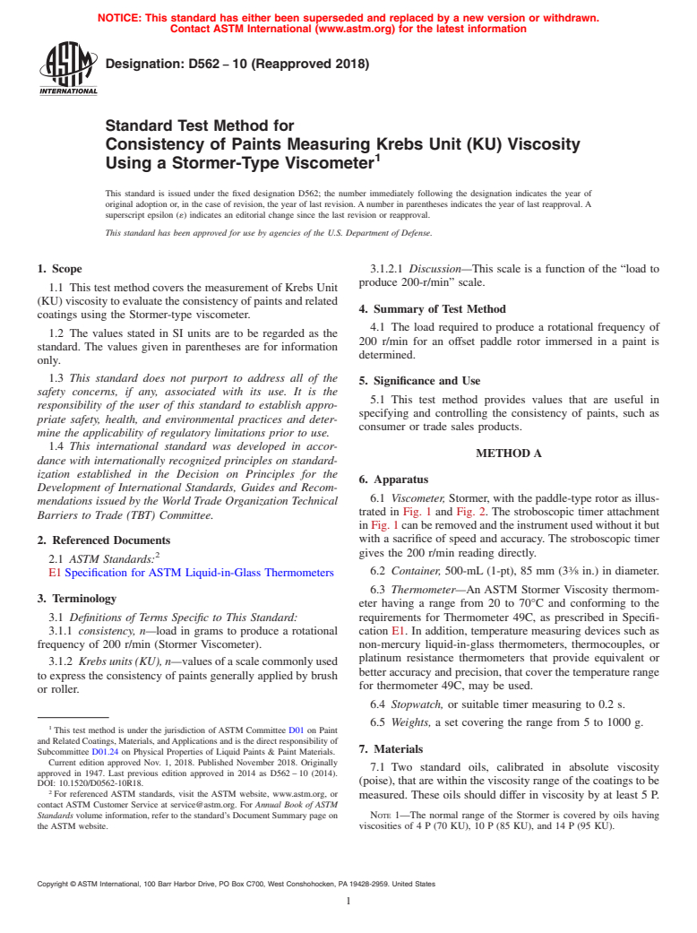 ASTM D562-10(2018) - Standard Test Method for Consistency of Paints Measuring Krebs Unit (KU) Viscosity Using   a Stormer-Type  Viscometer