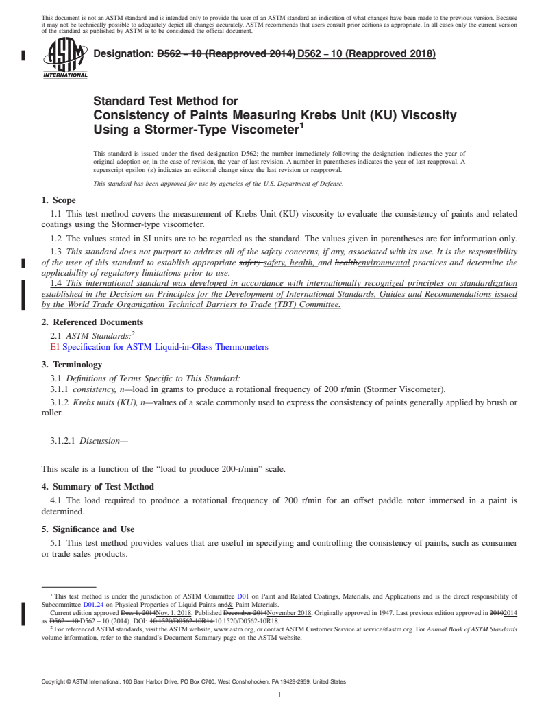 REDLINE ASTM D562-10(2018) - Standard Test Method for Consistency of Paints Measuring Krebs Unit (KU) Viscosity Using   a Stormer-Type  Viscometer