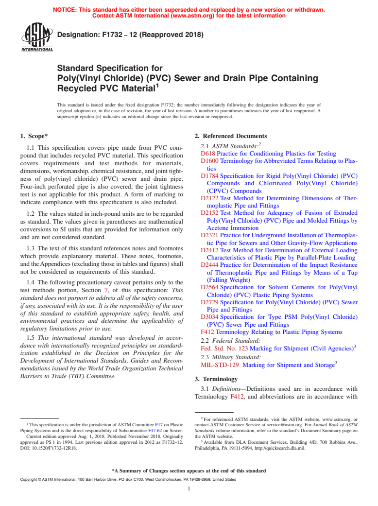 ASTM F1732-12(2018) - Standard Specification for  Poly(Vinyl Chloride) (PVC) Sewer and Drain Pipe Containing   Recycled PVC Material