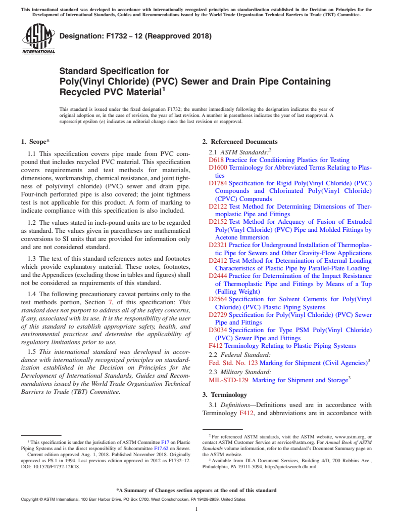 ASTM F1732-12(2018) - Standard Specification for  Poly(Vinyl Chloride) (PVC) Sewer and Drain Pipe Containing   Recycled PVC Material