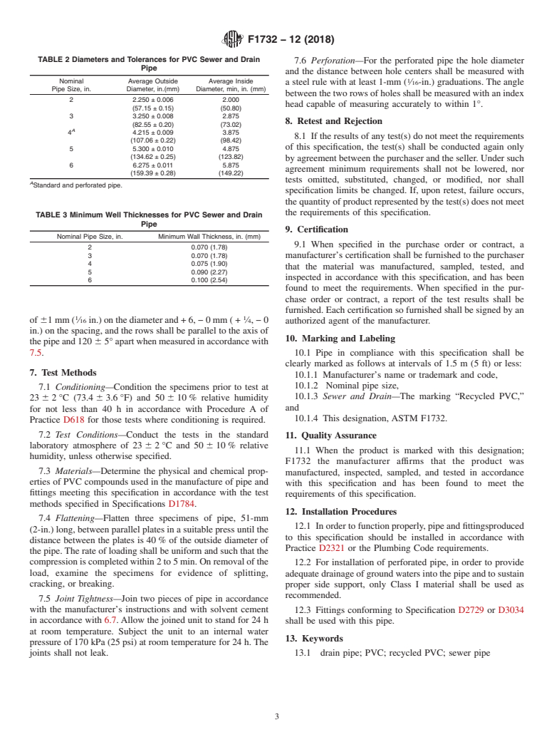 ASTM F1732-12(2018) - Standard Specification for  Poly(Vinyl Chloride) (PVC) Sewer and Drain Pipe Containing   Recycled PVC Material