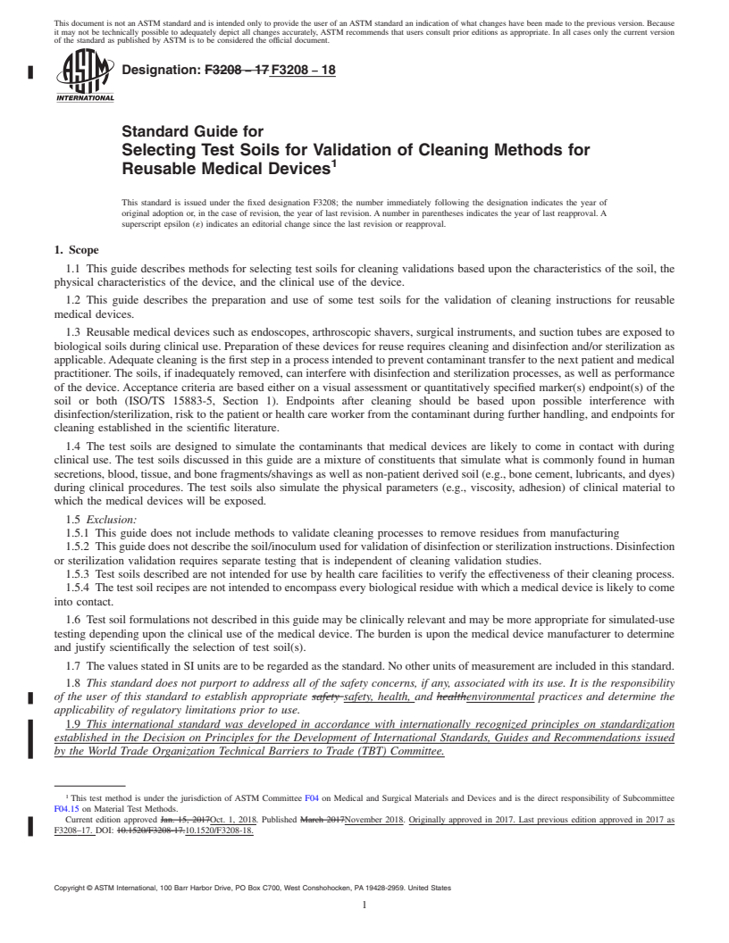 REDLINE ASTM F3208-18 - Standard Guide for Selecting Test Soils for Validation of Cleaning Methods for  Reusable Medical Devices