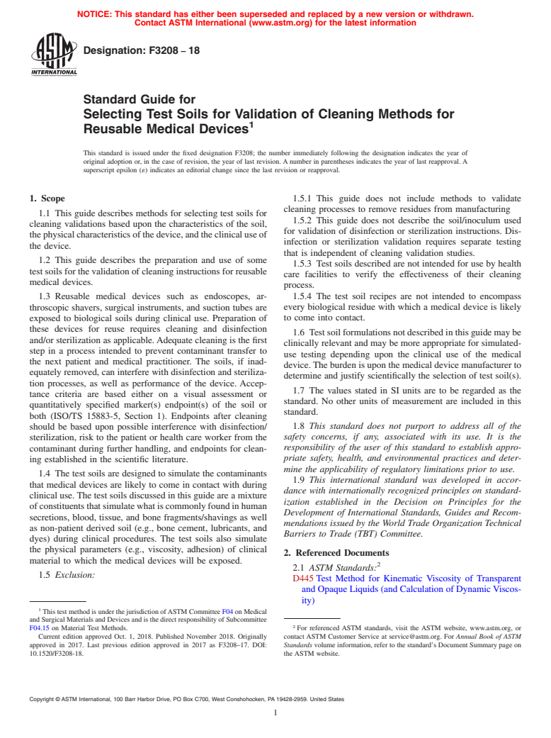 ASTM F3208-18 - Standard Guide for Selecting Test Soils for Validation of Cleaning Methods for  Reusable Medical Devices