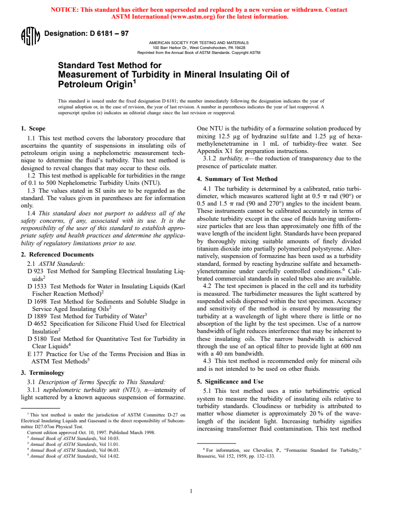 ASTM D6181-97 - Standard Test Method for Measurement of Turbidity in Mineral Insulating Oil of Petroleum Origin