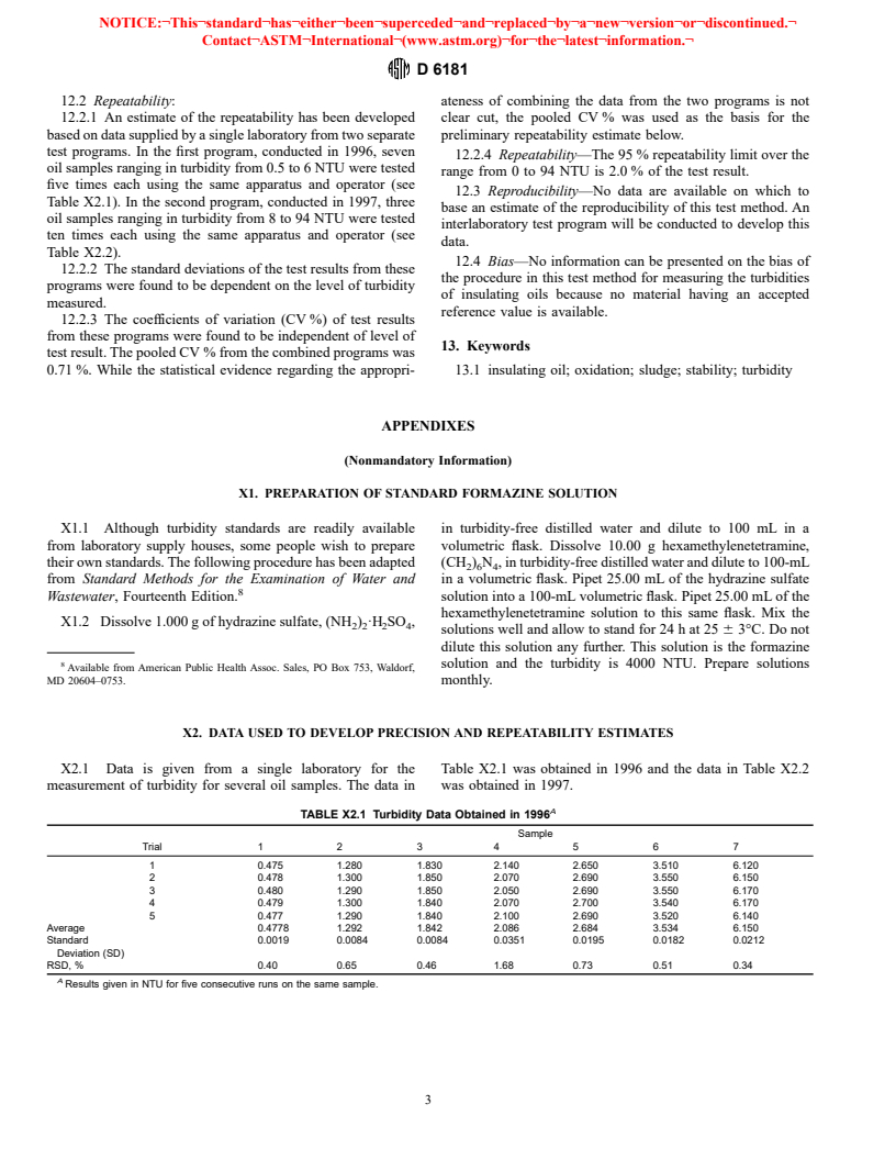 ASTM D6181-97 - Standard Test Method for Measurement of Turbidity in Mineral Insulating Oil of Petroleum Origin