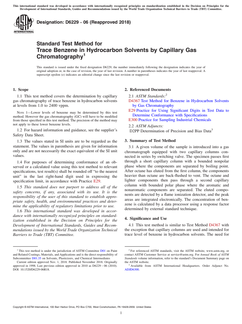 ASTM D6229-06(2018) - Standard Test Method for Trace Benzene in Hydrocarbon Solvents by Capillary Gas Chromatography