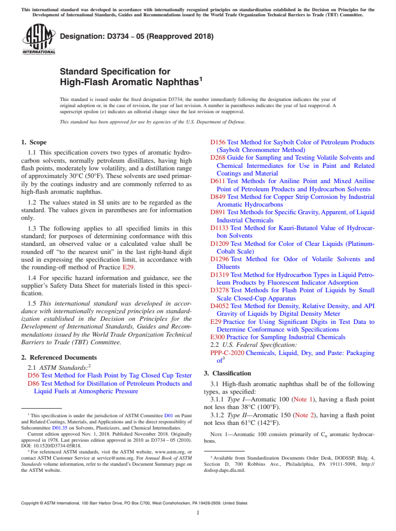 ASTM D3734-05(2018) - Standard Specification for High-Flash Aromatic Naphthas