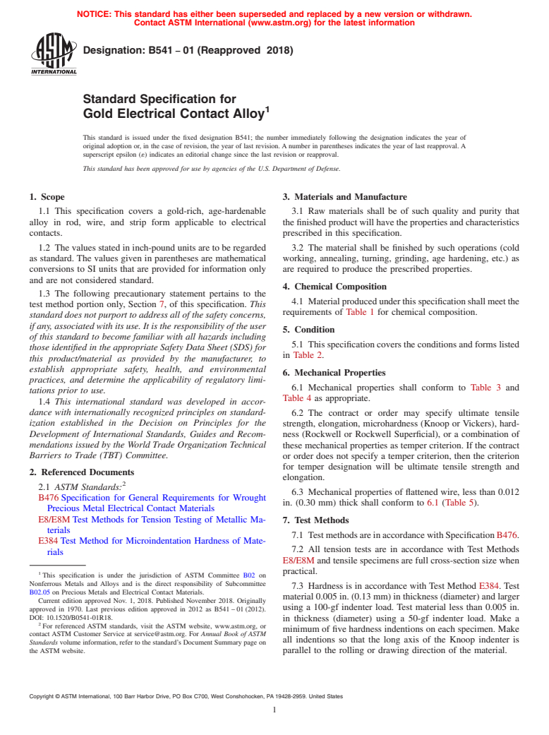 ASTM B541-01(2018) - Standard Specification for Gold Electrical Contact Alloy