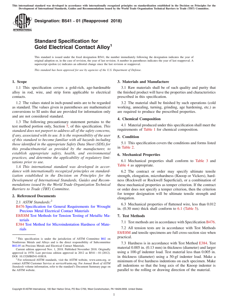 ASTM B541-01(2018) - Standard Specification for Gold Electrical Contact Alloy