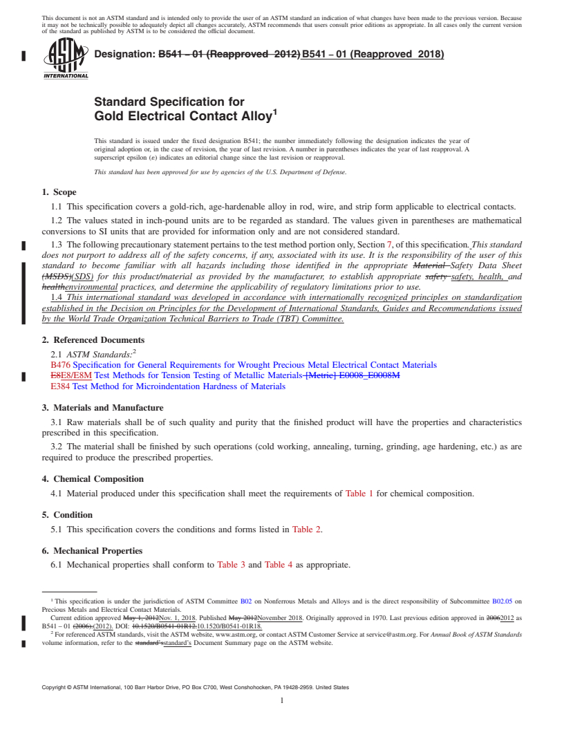 REDLINE ASTM B541-01(2018) - Standard Specification for Gold Electrical Contact Alloy