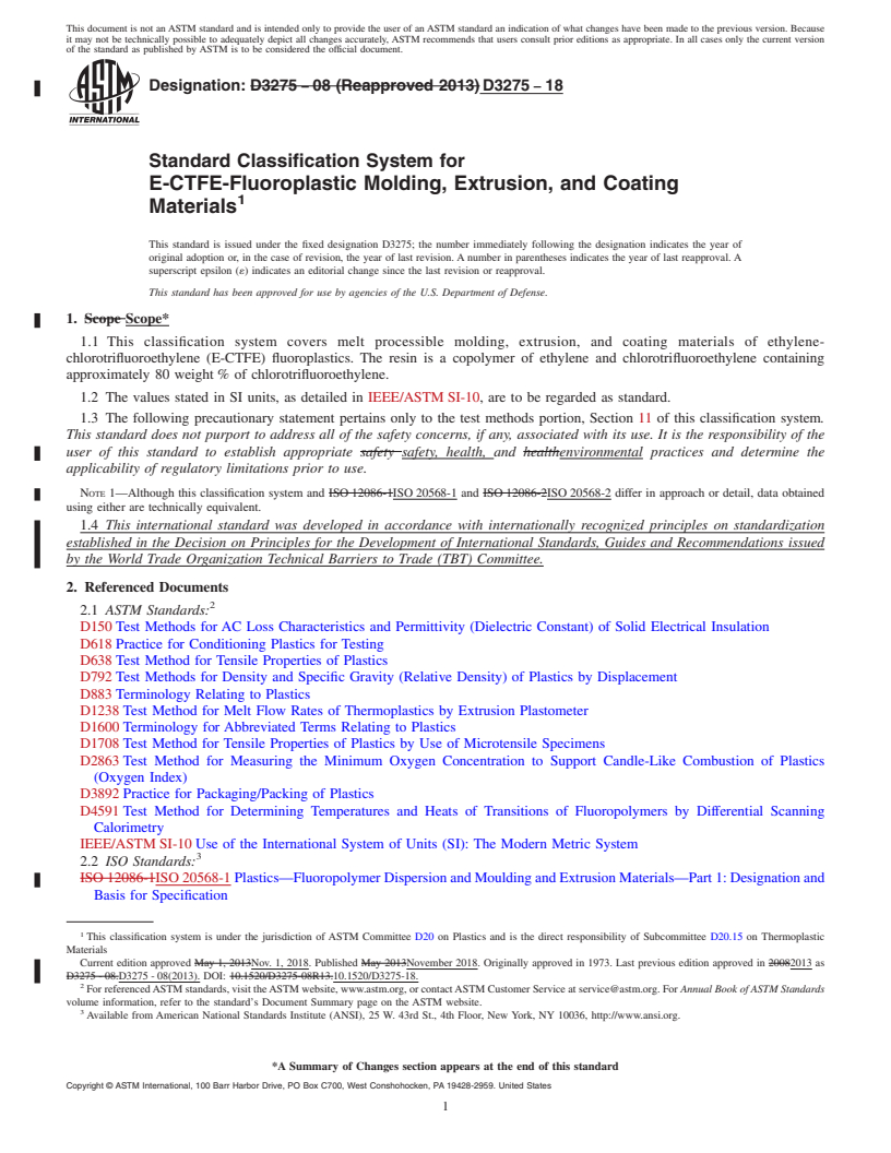 REDLINE ASTM D3275-18 - Standard Classification System for E-CTFE-Fluoroplastic Molding, Extrusion, and Coating Materials