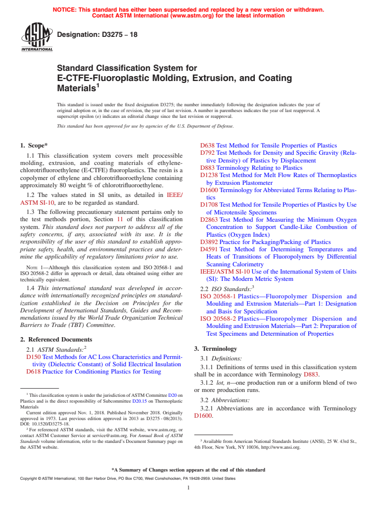 ASTM D3275-18 - Standard Classification System for E-CTFE-Fluoroplastic Molding, Extrusion, and Coating Materials