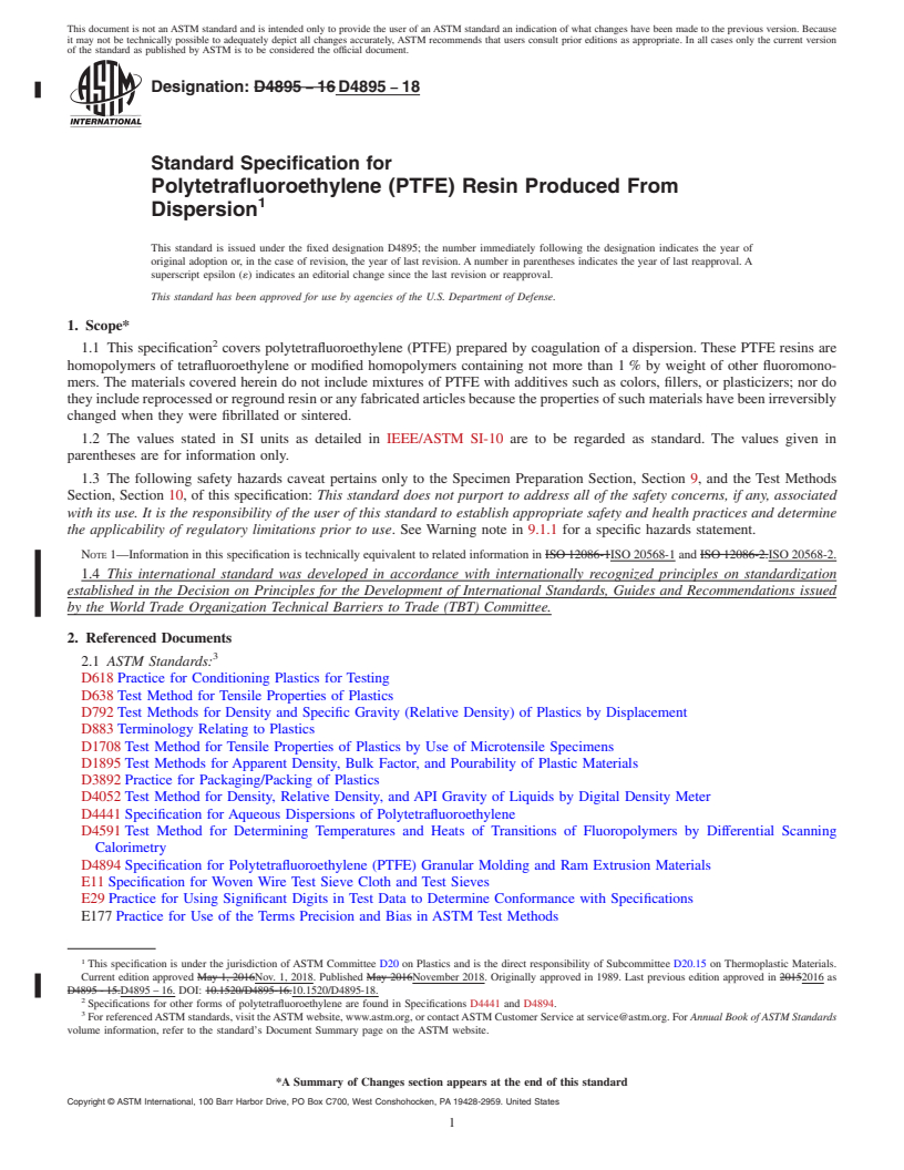 REDLINE ASTM D4895-18 - Standard Specification for  Polytetrafluoroethylene (PTFE) Resin Produced From Dispersion