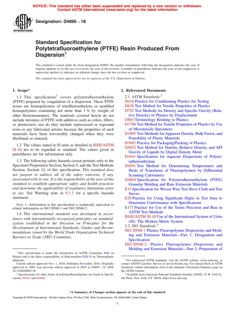 ASTM D4895-18 - Standard Specification for  Polytetrafluoroethylene (PTFE) Resin Produced From Dispersion