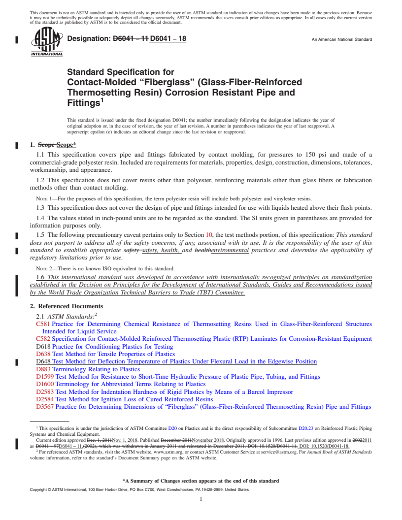 REDLINE ASTM D6041-18 - Standard Specification for  Contact-Molded &#x201c;Fiberglass&#x201d; (Glass-Fiber-Reinforced  Thermosetting Resin) Corrosion Resistant Pipe and Fittings