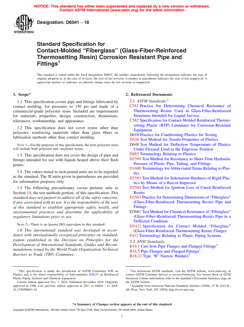 ASTM D6041-18 - Standard Specification for  Contact-Molded &#x201c;Fiberglass&#x201d; (Glass-Fiber-Reinforced  Thermosetting Resin) Corrosion Resistant Pipe and Fittings