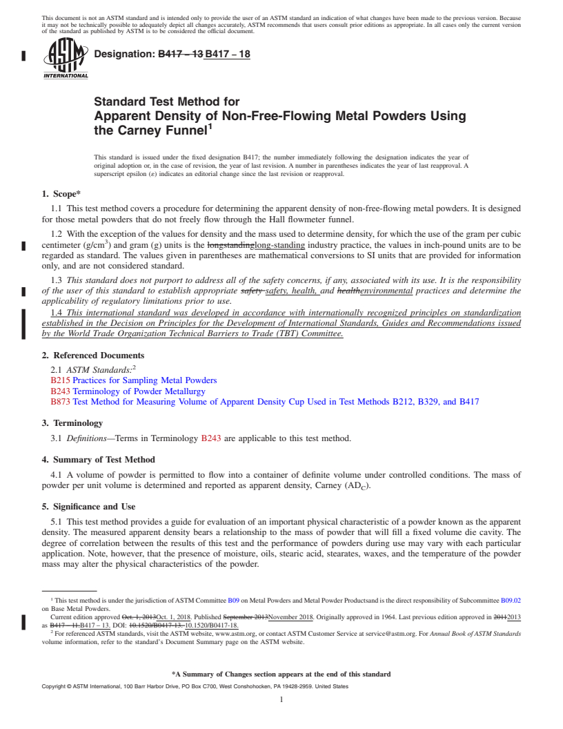 REDLINE ASTM B417-18 - Standard Test Method for  Apparent Density of Non-Free-Flowing Metal Powders Using the   Carney Funnel