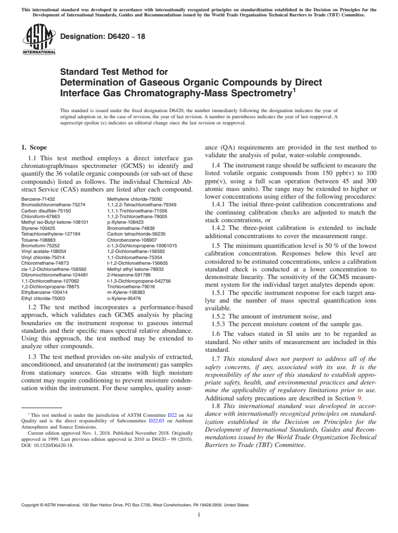 ASTM D6420-18 - Standard Test Method for  Determination of Gaseous Organic Compounds by Direct Interface  Gas Chromatography-Mass Spectrometry